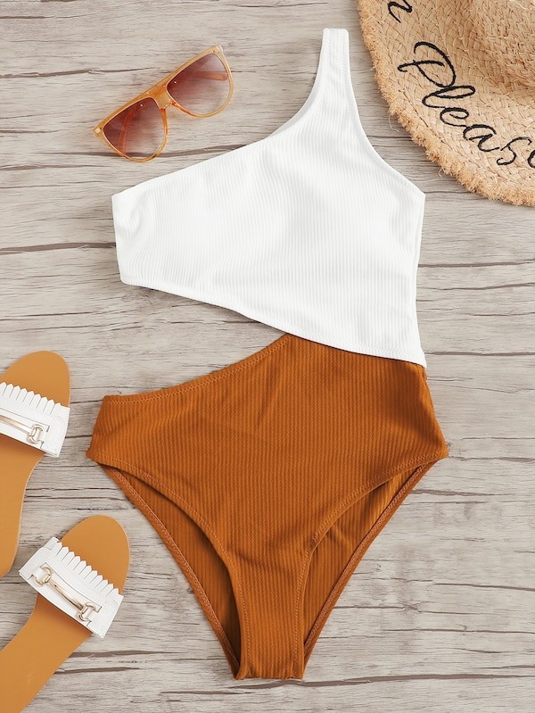 Two Tone Cut-out One Shoulder One Piece Swimwear | SHEIN