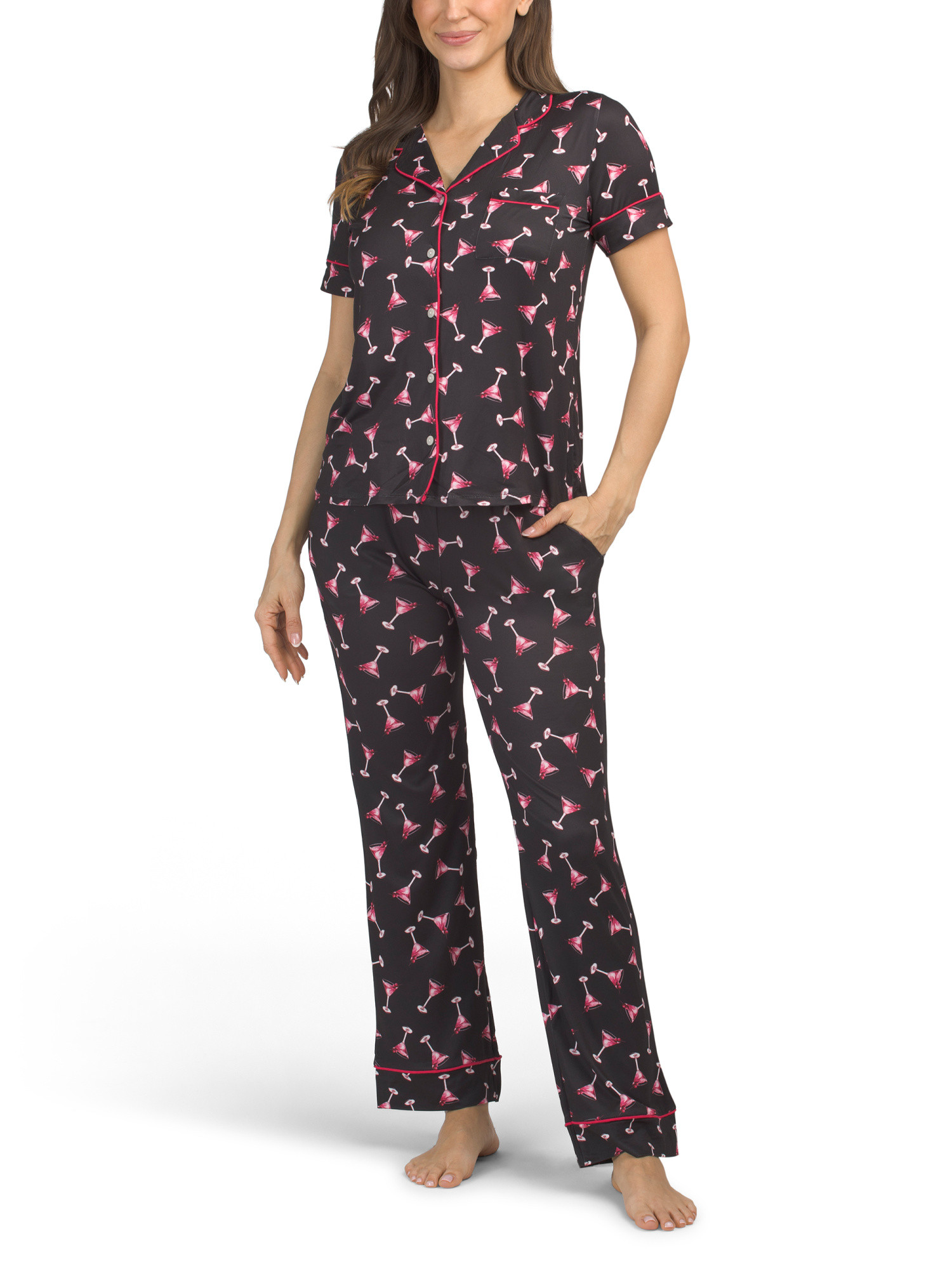 Martini Print Short Sleeve Top And Elastic Waistband Pants Pajama Set | Marshalls
