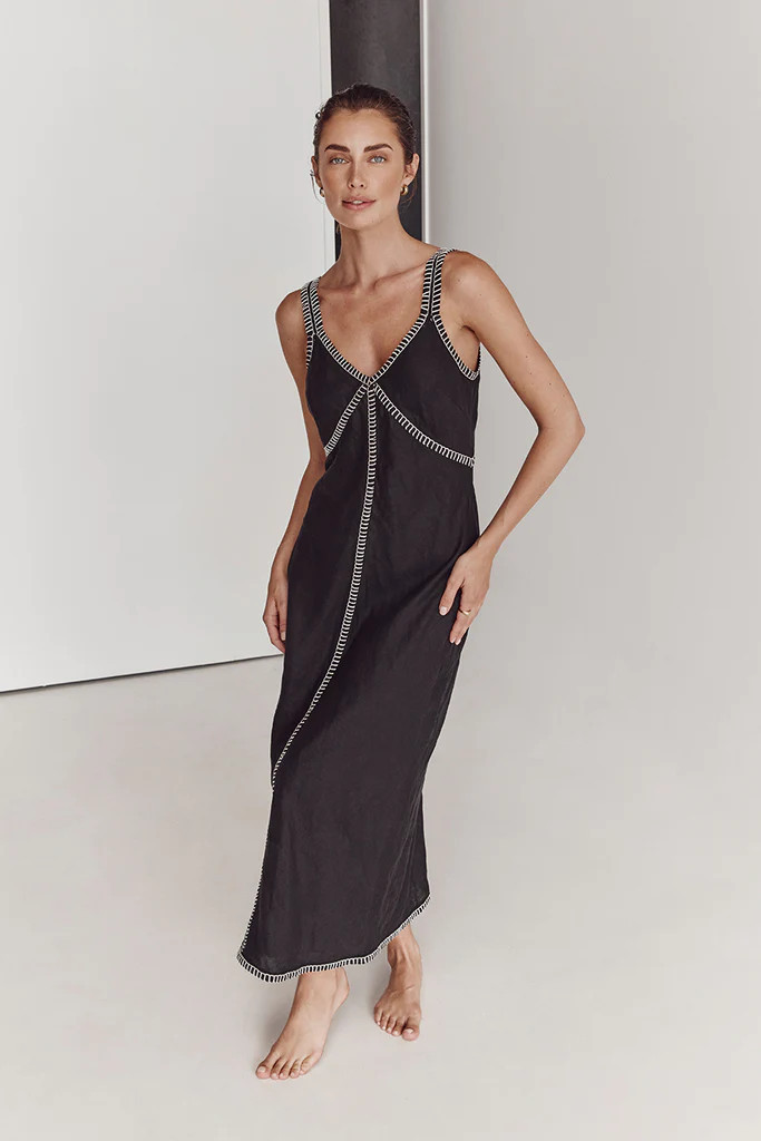 BELLA BLACK LINEN SLIP MIDI DRESS | DISSH