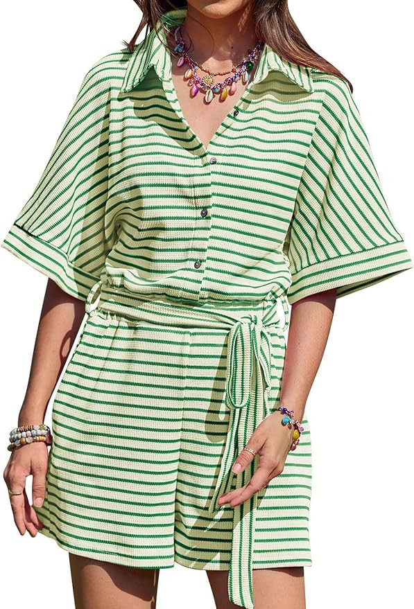 Yousify Womens Summer Rompers V Neck Waffle Short Sleeve Striped Button Down Jumpsuit with Pocket... | Amazon (US)