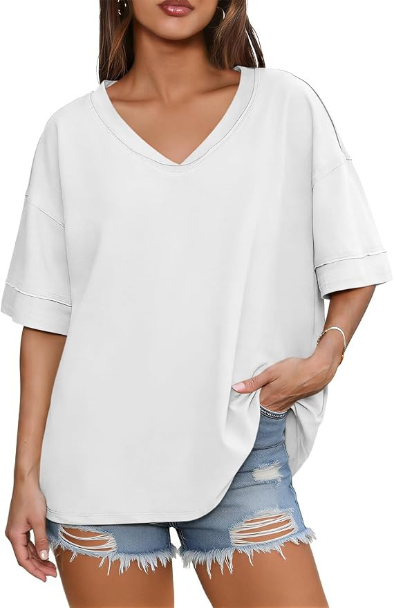 Womens V Neck Oversized T-Shirts Short Sleeve Shirts Loose Fit Tees Tops | Summer Casual, Baggy, ... | Amazon (US)