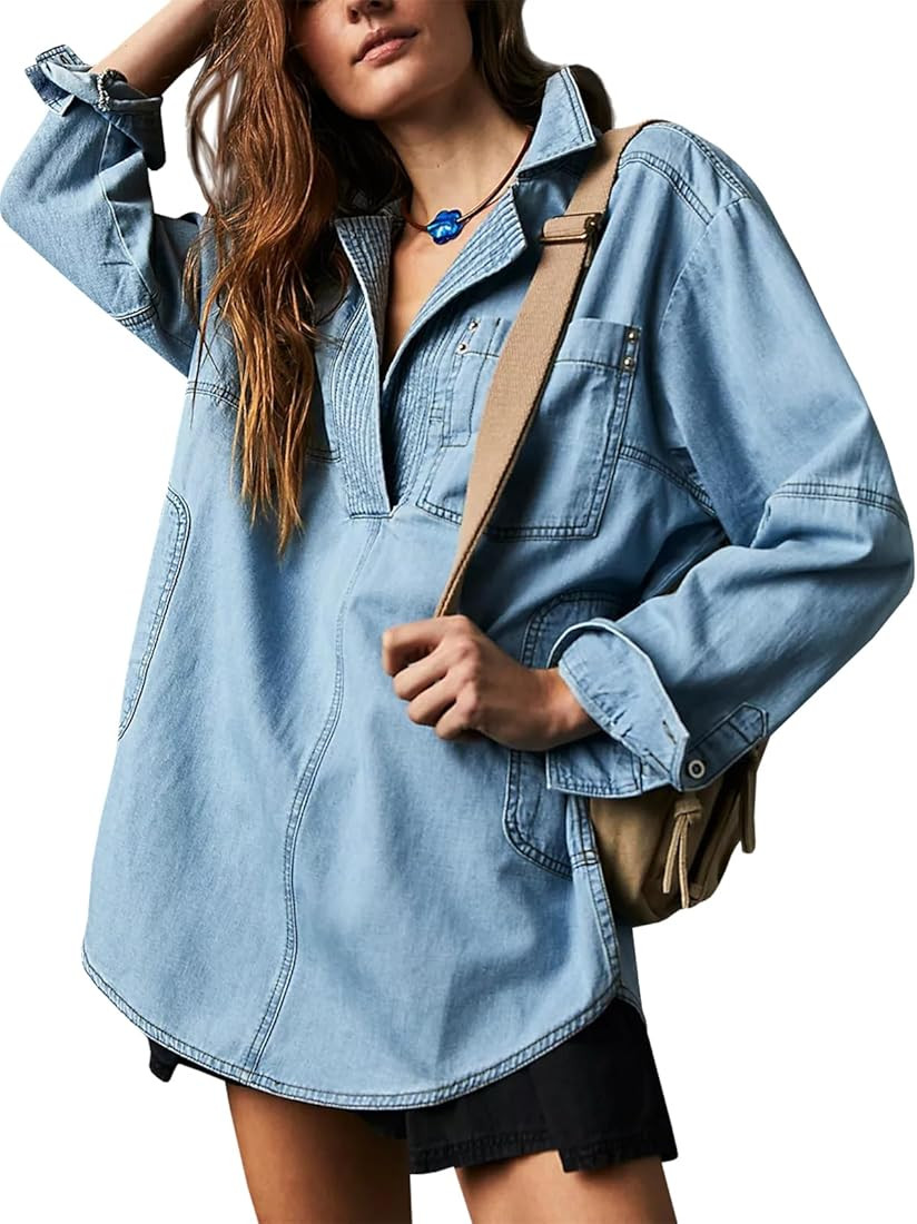 Fazortev Women's Denim Pullover Casual Button V Neck Blouse Loose Fit Long Sleeve Jean Jacket wit... | Amazon (US)