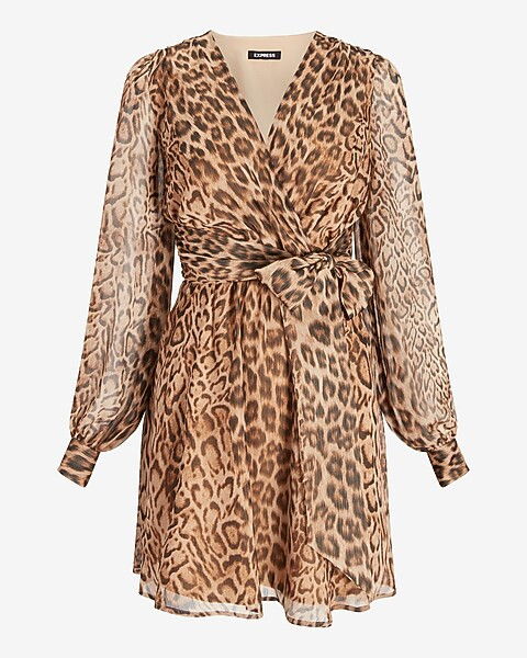 Animal Print Tie Waist Long Sleeve Mini Dress | Express