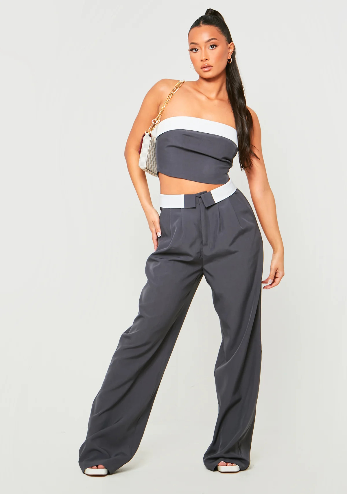 Gracie Charcoal Fold Over Waist Wide Leg Trousers | Missy Empire (UK)