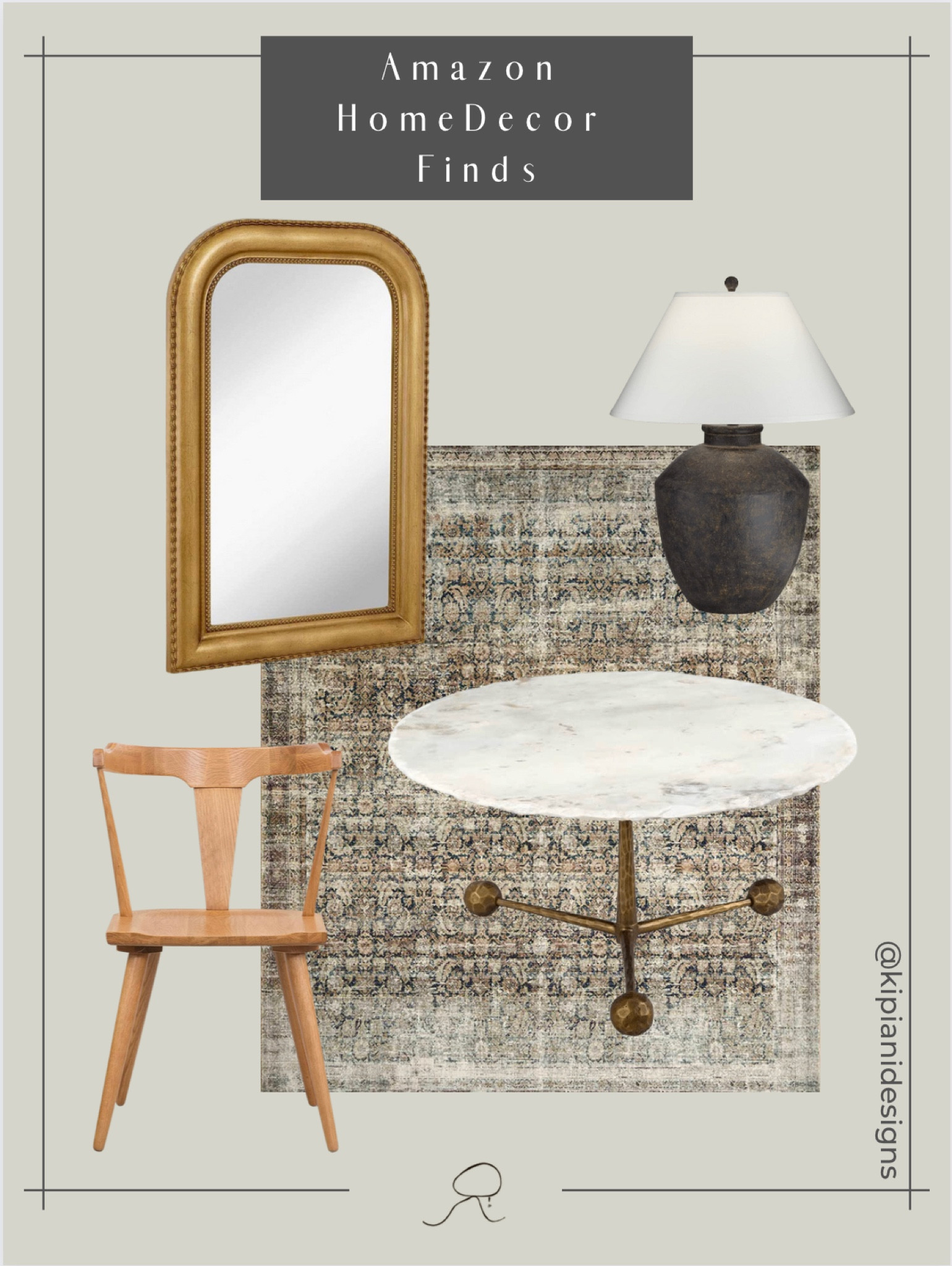 Recent Amazon home decor finds. Amazon home decor including marble/brass coffee table, oak dinning chair, vintage looking affordable neutral colored rug, brass transitional mirror and organic modern ceramic lamp