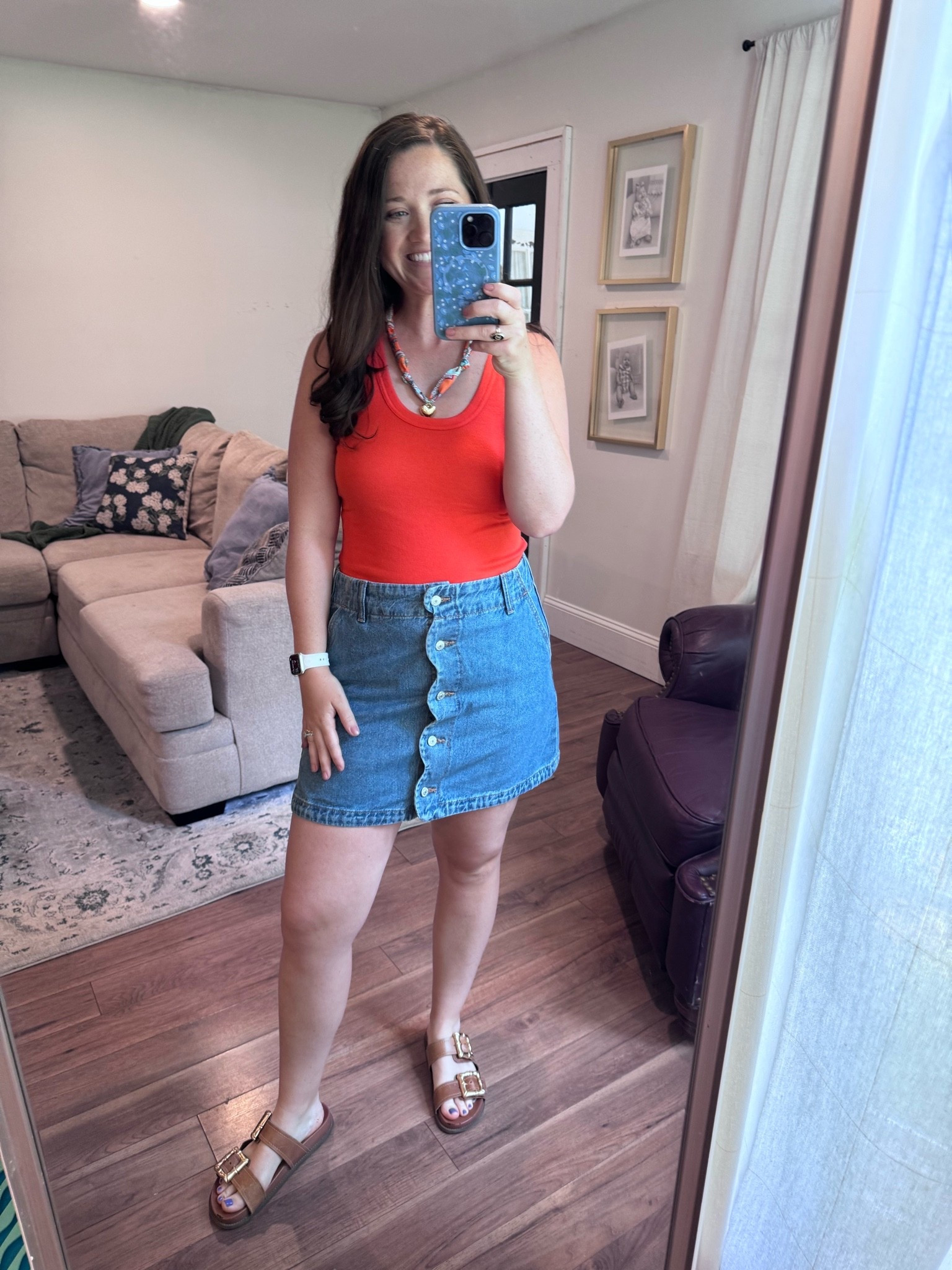 Summer ootd. Denim skirt. Gameday outfit