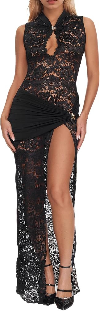 Women’s Lace See Through Maxi Dress Backless Hollow Out O-Neck High Side Split Elegant Party Cl... | Amazon (US)