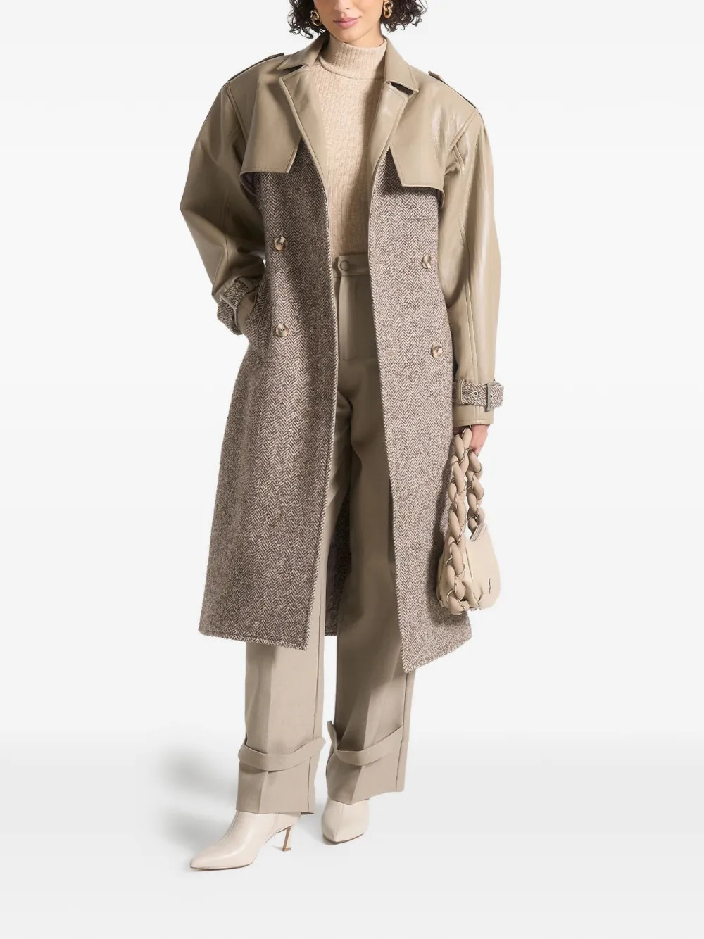 Manière De Voir Carina herringbone-pattern wool & faux-leather taupe trench coat - Neutrals | Farfetch Global