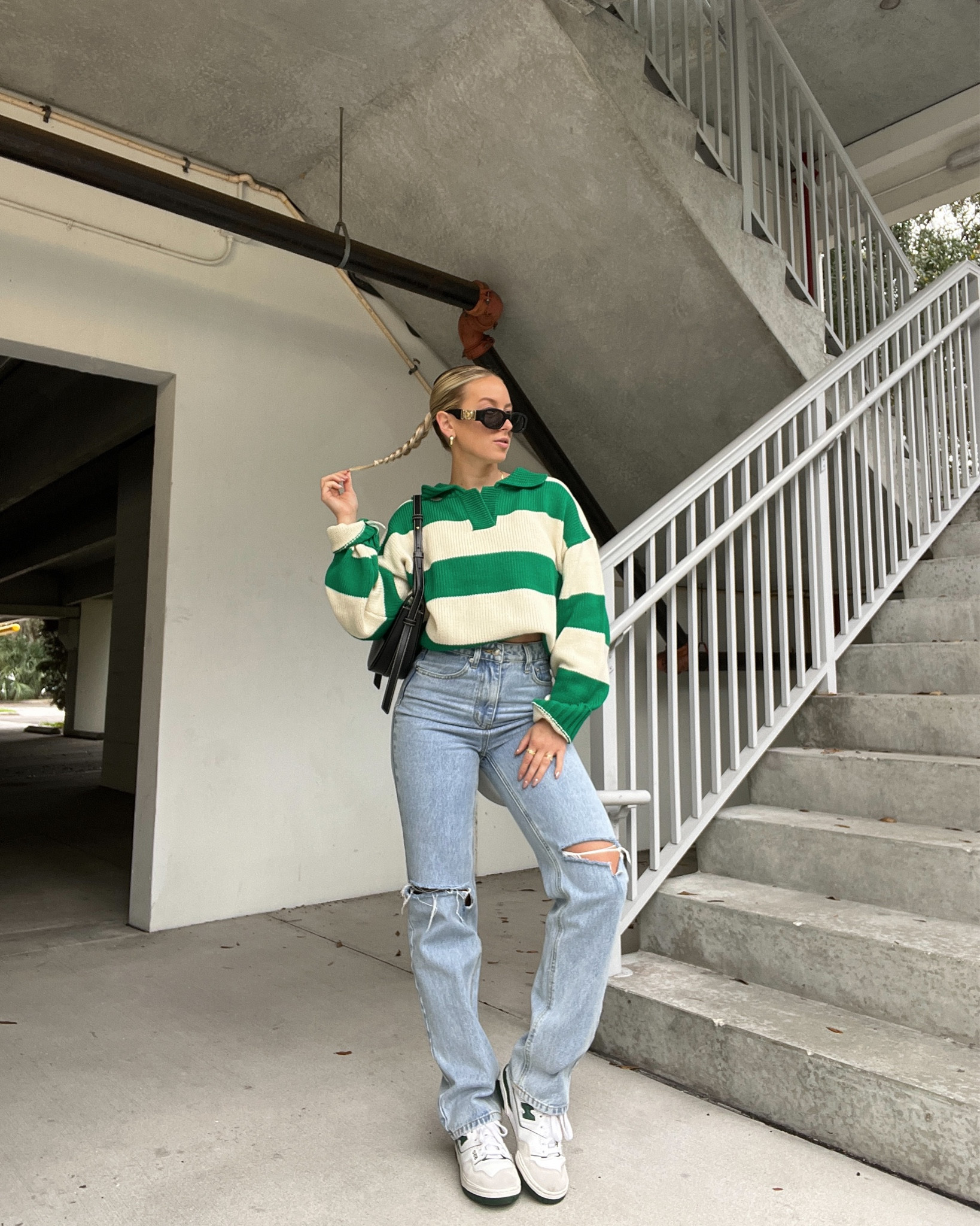 Striped sweater, winter sweaters, green sweater, crew sweater, oversized sweater, light wash denim, relaxed denim, light wash jeans, streetwear outfit inspo, Hailey Bieber style inspo 
