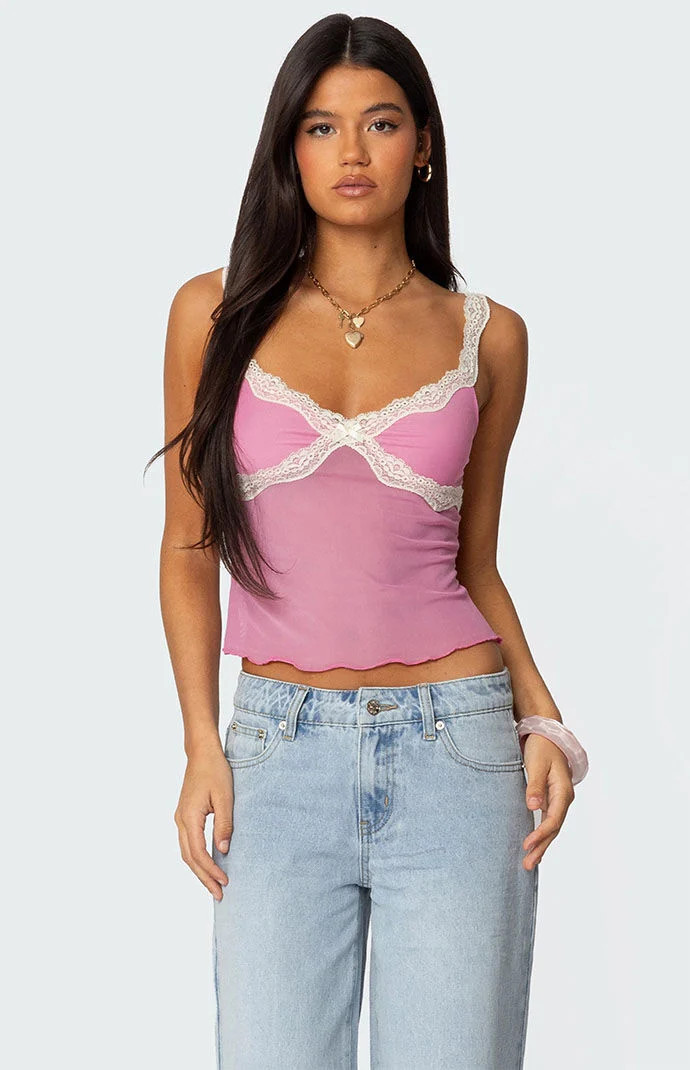Edikted Women's Contrast Lacey Mesh Tank Top in Pink - Size Small | PacSun