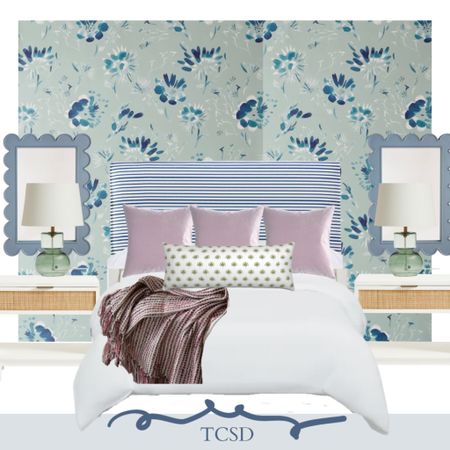 Almost all of this is on sale!! Pepper Home is 25% off (whaaaat). The lamps aren’t linked - they’re World Market. 
Blue wallpaper, mauve bedroom, chic bedroom design, white nightstands 

#LTKhome #LTKfamily #LTKsalealert