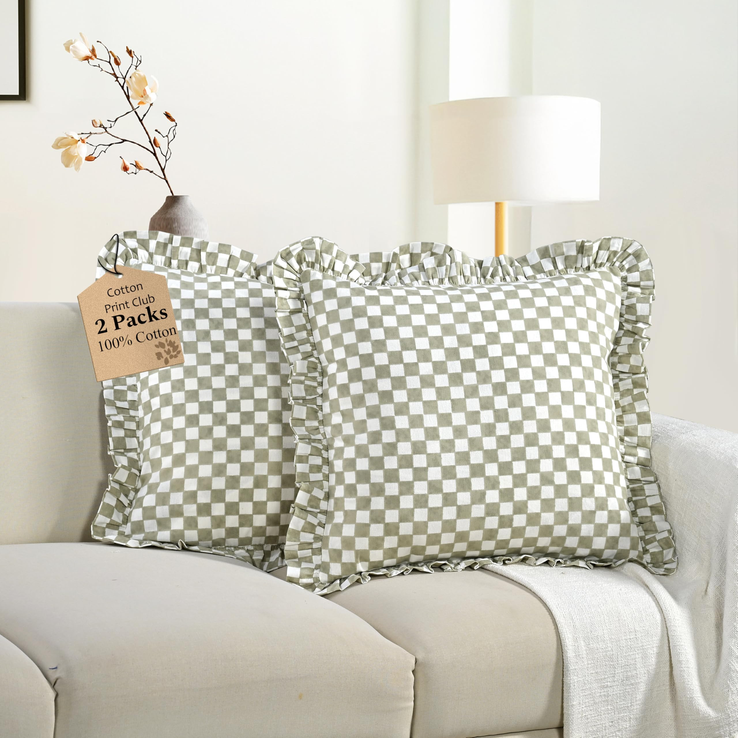 CPC Cottagecore Sage Gingham Check Hand Block Print Cotton Ruffle Decorative Cushion Covers with ... | Amazon (US)