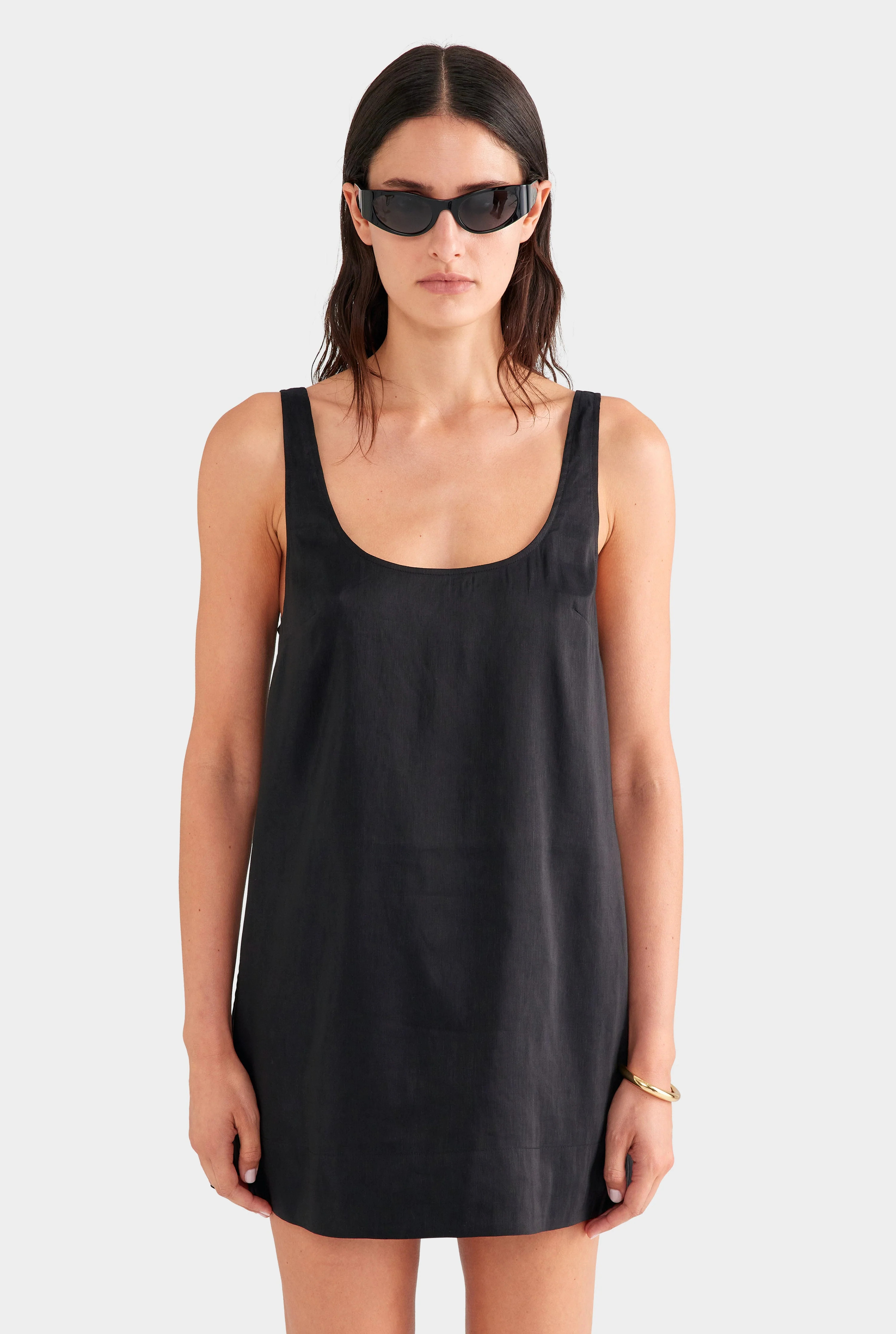 Silk Linen Shift Mini Dress Black | Venroy | Venroy AU