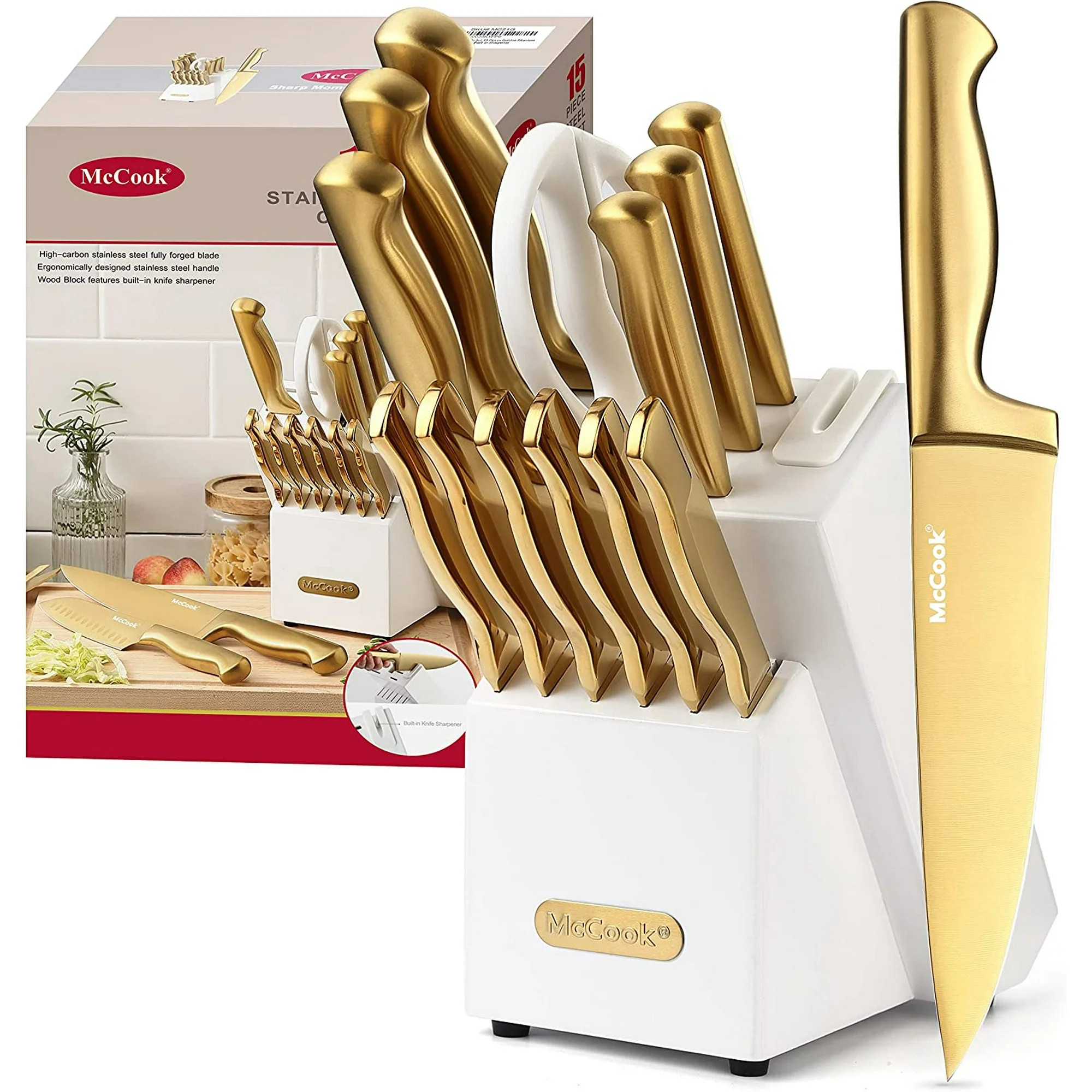 McCook MC21G Knife Sets,15 Pieces Golden Titanium Kitchen Knife Block Sets with Built-in Sharpene... | Walmart (US)