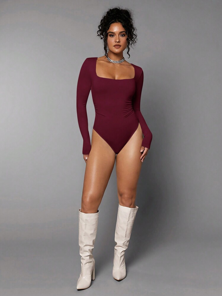 Silquee 1pc Women's Square Neck Tight-Fitting Sexy Solid Color Long Sleeve Bodysuit | SHEIN