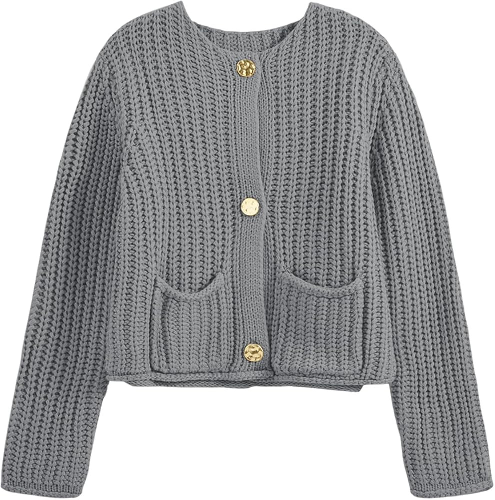 Saodimallsu Womens Button Up Sweaters Fall Chunky Knit Cropped Trendy Crewneck Loose Cardigan wit... | Amazon (US)