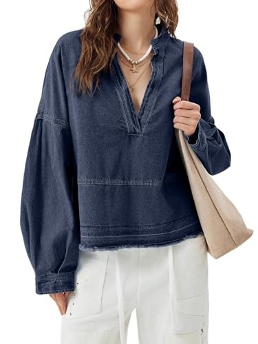 PLNOTME Womens Denim Tops Pullover Trendy Casual V Neck Loose Fit Puff Sleeve Jean Cotton Shirts | Amazon (US)