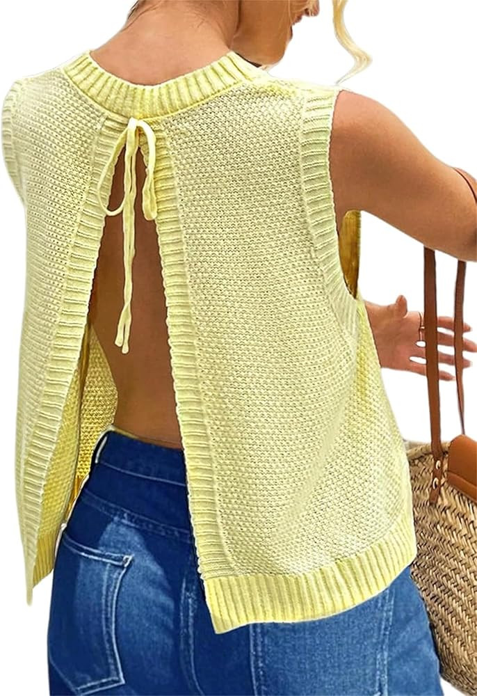 Womens Y2k Tie Open Back Sweater Vest Summer Sleeveless Backless Crop Tops Knit Cardigan Crew Nec... | Amazon (US)