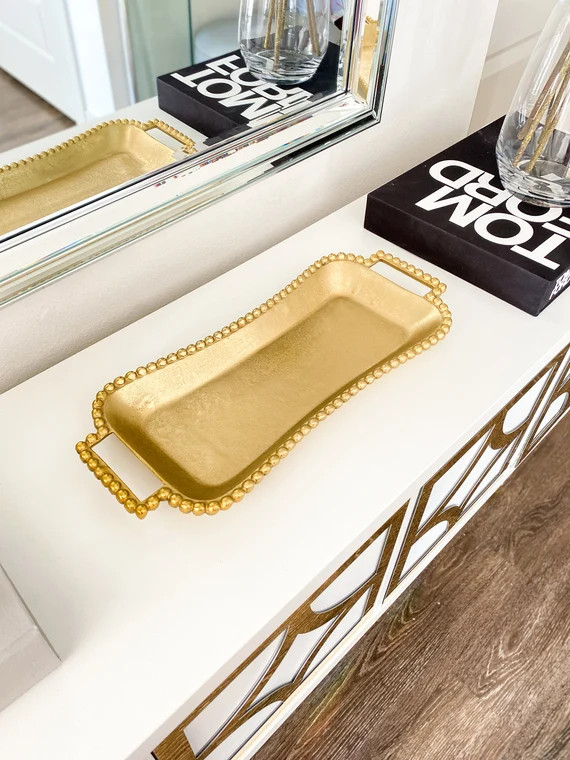 Gold Beaded Tray, Gold Tray, Decorative Tray, Gold Brass Tray, Gold Serving Tray, Housewarming Gi... | Etsy (US)