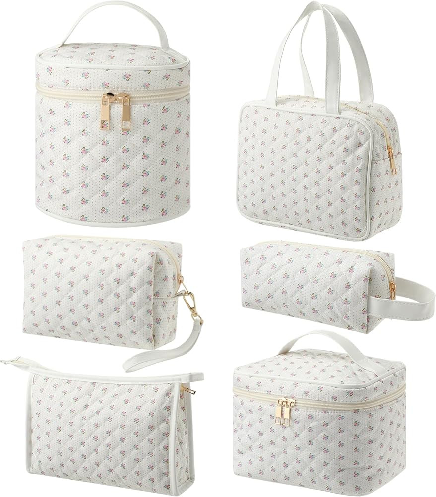 Suclain 6 Pack Cotton Quilted Makeup Bag, Cosmetic Bag Cosmetic Travel Bag Cute Toiletry Bags Coq... | Amazon (US)