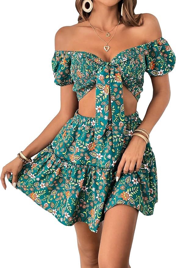 MakeMeChic Women's Boho Floral Print 2 Piece Outfits Off Shoulder Crop Top Ruffle Layer Mini Skir... | Amazon (US)
