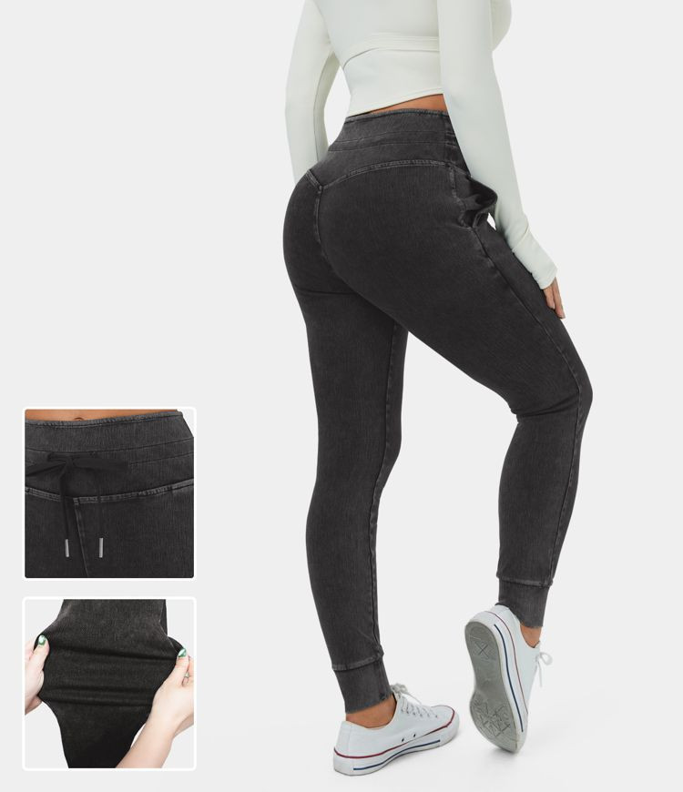 Women's High Waisted Drawstring Side Pocket Washed Stretchy Knit Denim Casual Joggers - HALARA | HALARA