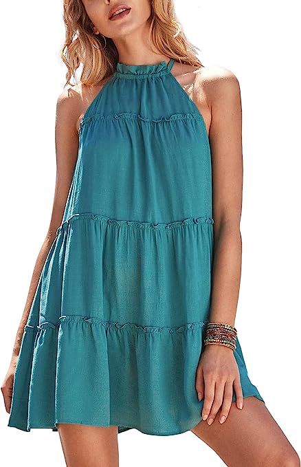 CUPSHE Women's Midi Dress High Neck Halter Ruffle Tiers Sleeveless Cover Up | Amazon (US)