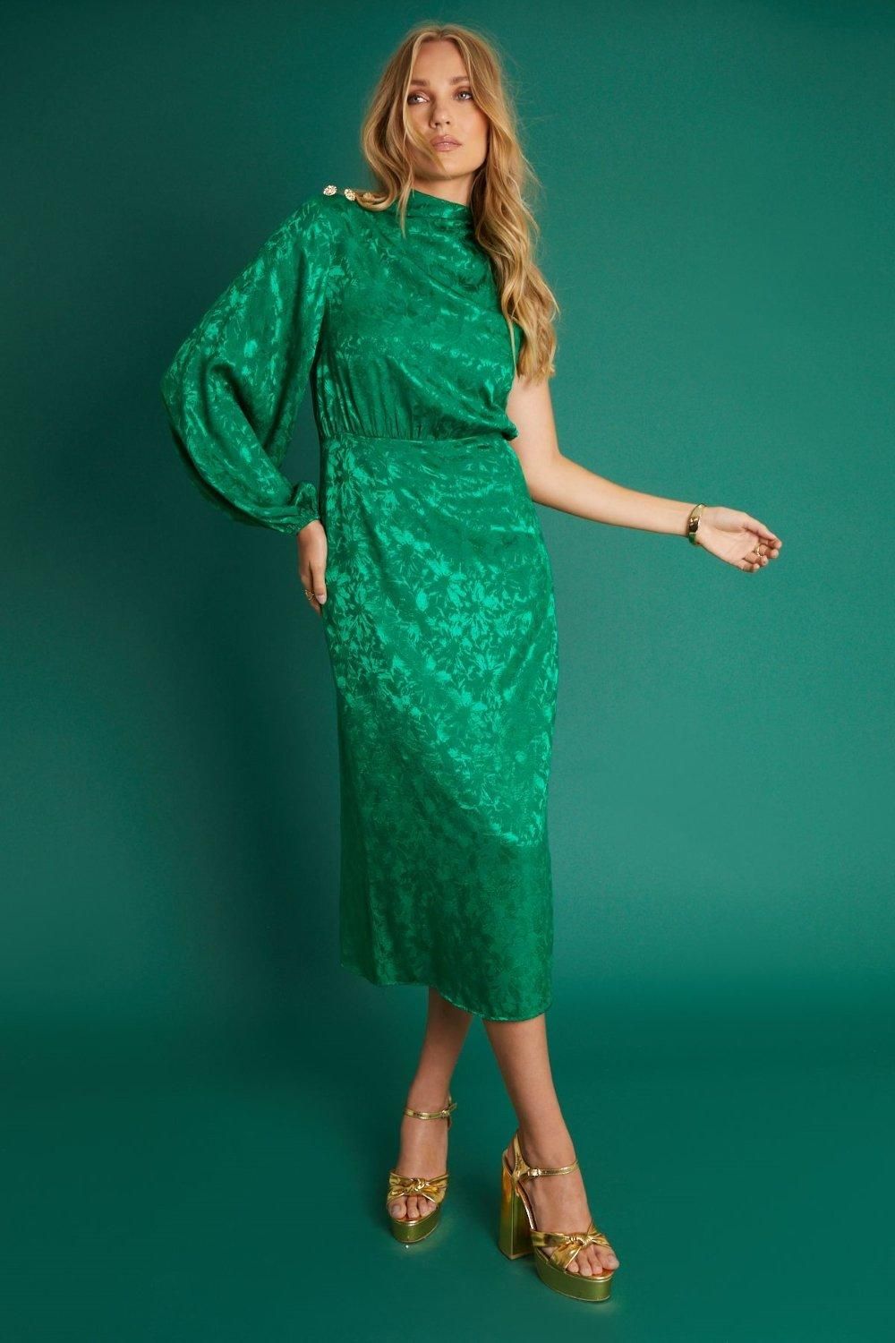 Dresses | One Shoulder Jacquard Midi Dress With Gold Buttons In Green | ANOTHER SUNDAY | Debenhams UK