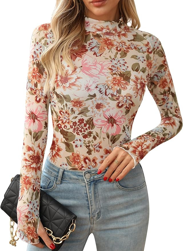 Ugerlov Womens Lace Long Sleeve Mesh Top Floral Mock Neck See Through Going Out Top with Thumb Ho... | Amazon (US)