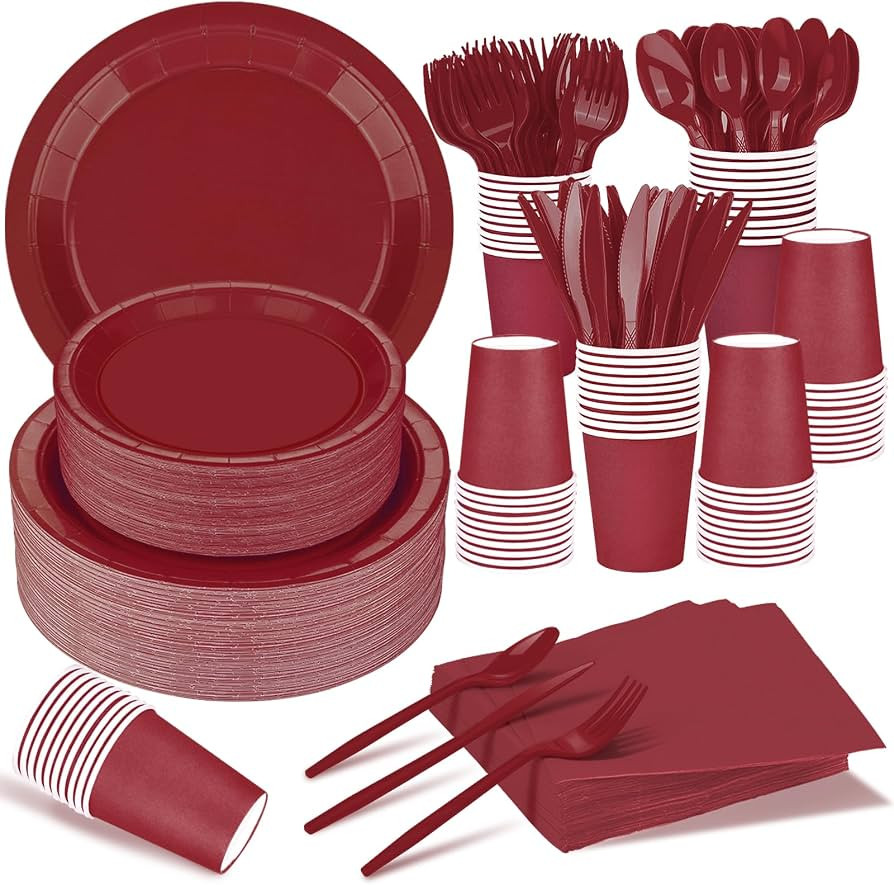 TWOWYHI 228PCS Burgundy Party Supplies Set Include Paper Plates Cups Paper Napkins Plastic Spoons... | Amazon (US)