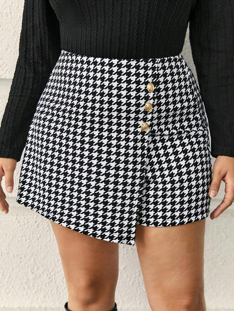 SHEIN Frenchy Plus Houndstooth Print Button Front Skort Summer Women Clothes | SHEIN