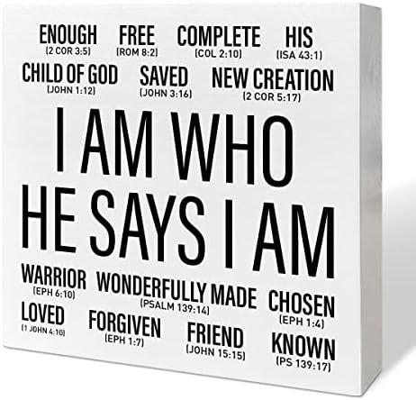 Christian Desk Wooden Box Sign Decor, I Am Who He Says I am, Home Office Religious Motivational D... | Amazon (US)