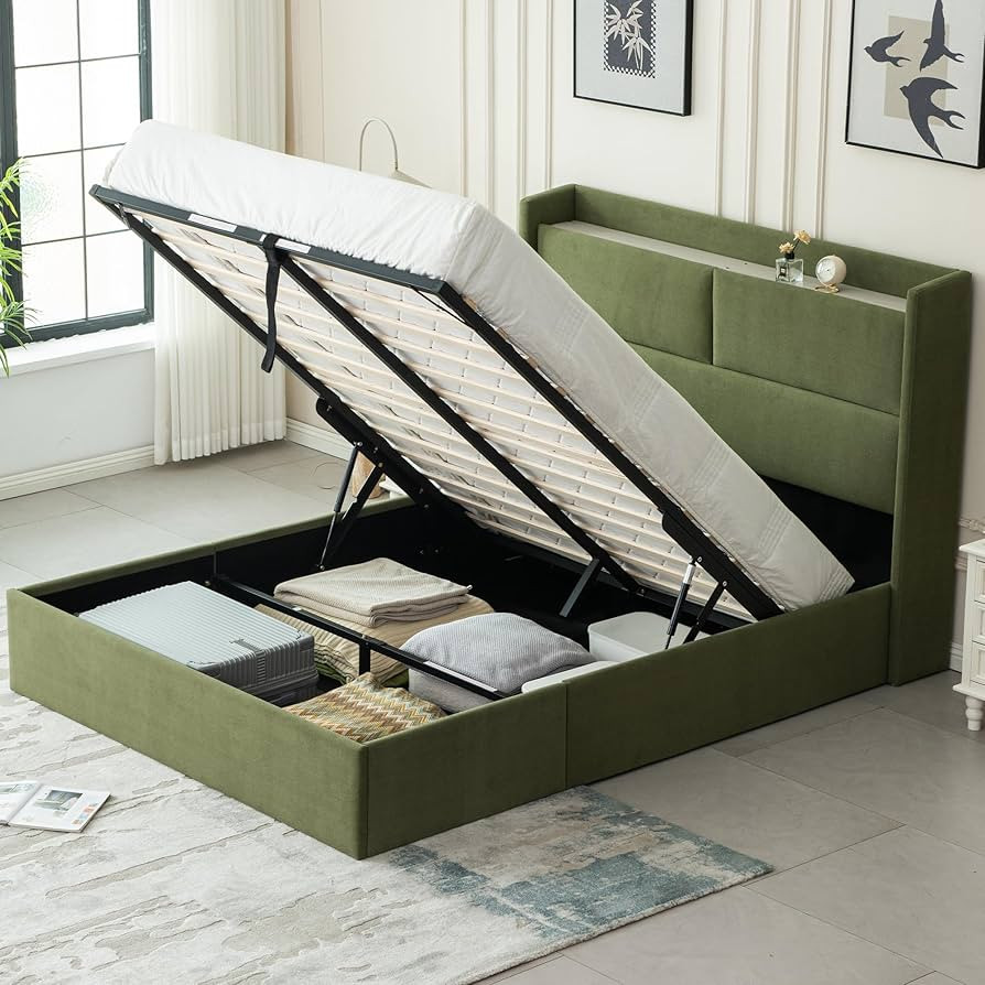 PINJU Queen Size Upholstered Bed, Hydraulic Lift Storage, Square Shaped Headboard with Wingback, ... | Amazon (US)