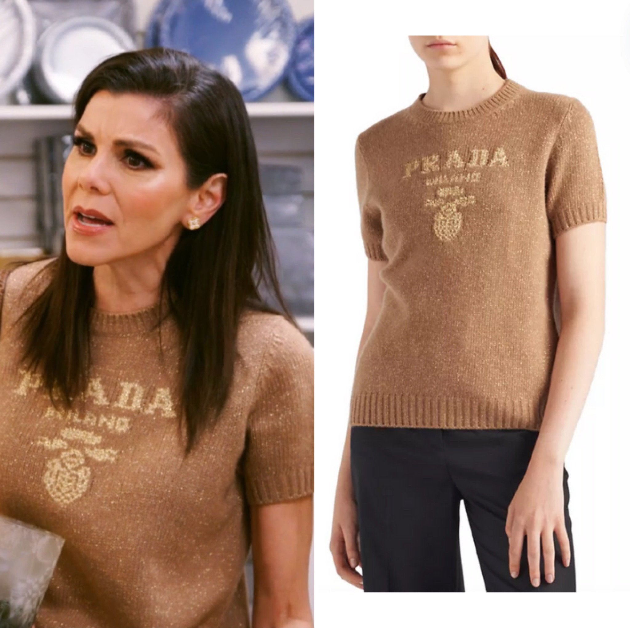Heather Dubrow’s Tan Short Sleeve Prada Sweater 