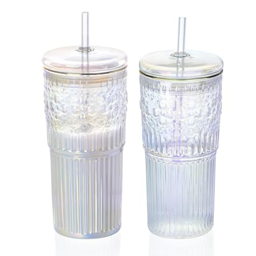 FULGNU Glass Cups with Lids and Straws, 24OZ Iced Coffee Cup Glass Tumbler with Straw and Lid, High Borosilicate Glasses Drinking Set for Coffee, Smoothie, Water | Amazon (US)