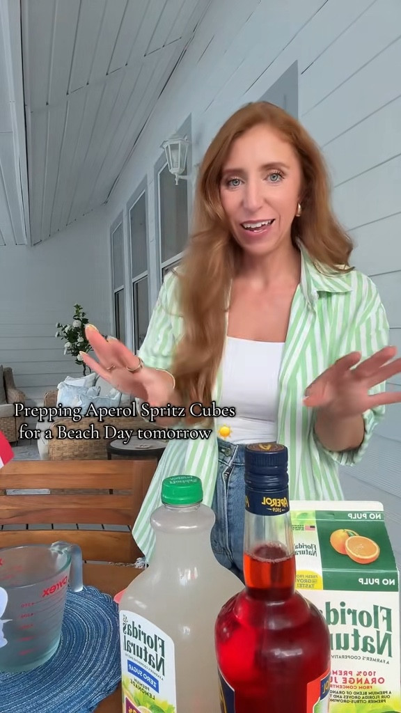 Summer cocktail idea! 
Aperol spritz cubes:
1c Aperol 
1/2c orange juice 
1/2c lemonade 

Place into ice molds and freeze. When ready, drop one-two cubes into a glass and pour prosecco on top. Cheers! 






Summer outfit 
Summer party 
Casual outfit 
Comfy outfit 
Striped blouse 
Denim shorts 

#LTKSeasonal #LTKStyleTip #LTKParties