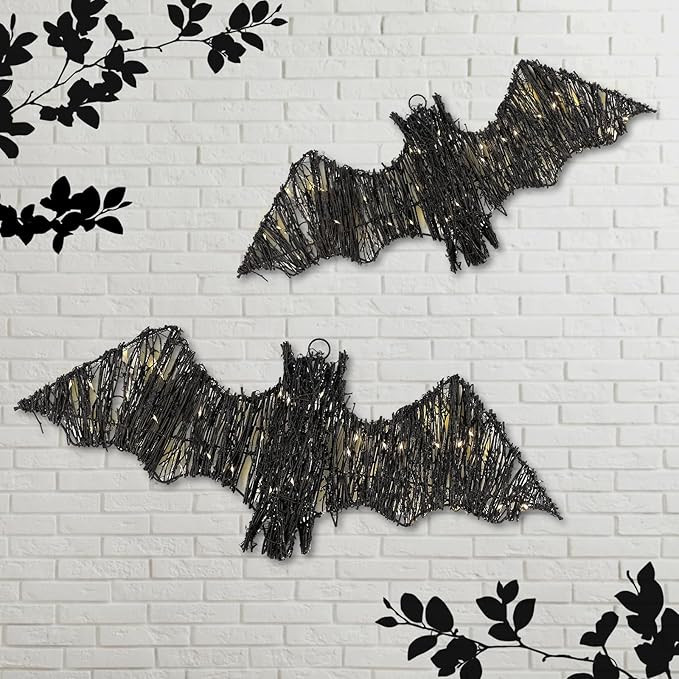 2 Pack Rattan Bats with Hanging Loops Halloween Lights 3D Lit Woven Bats with Timer Remote for Ru... | Amazon (US)