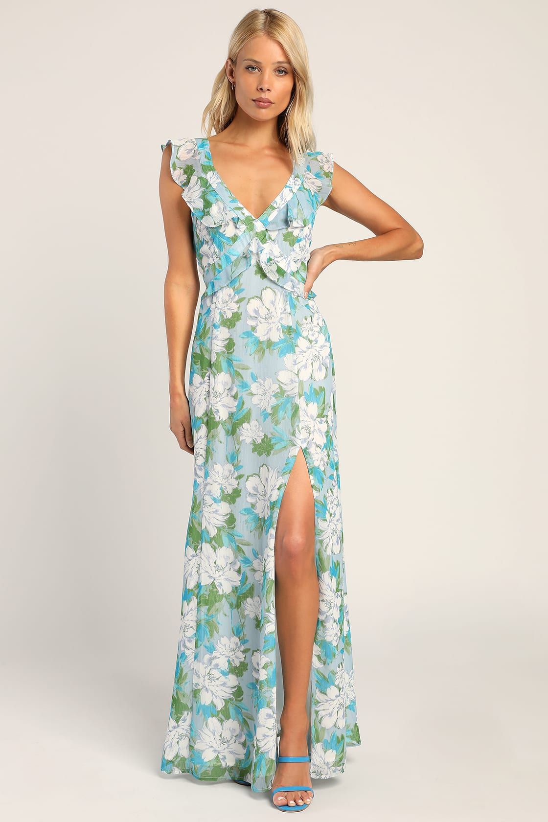 Sensational Spring Light Blue Floral Print Ruffled Maxi Dress | Lulus (US)