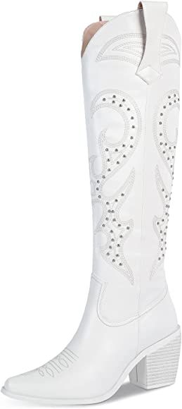 WETKISS Knee High Cowboy Cowgirl Boots for Women, with Unique Embroidery, Side Zipper and Chunky ... | Amazon (US)