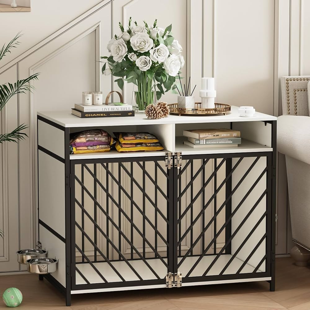 Fienveorn 39” Dog Crate Furniture with 360°Rotating Dog Bowls,Wooden Heavy Duty Dog Kennel Fur... | Amazon (US)