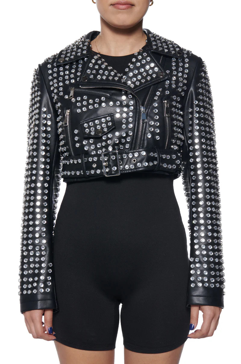 GAZETTE-NEW-BLK STUDDED MOTO JACKET | Azalea Wang