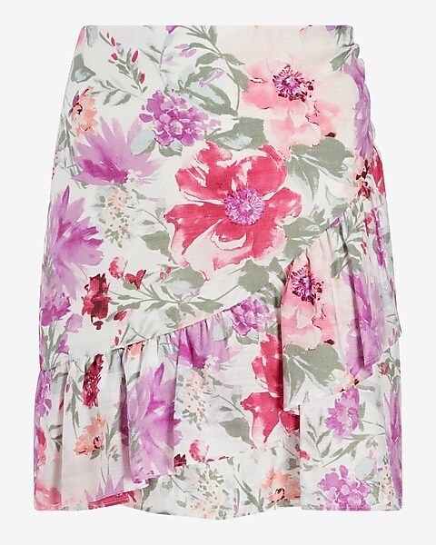 High Waisted Floral Asymmetrical Ruffle Mini Skirt | Express