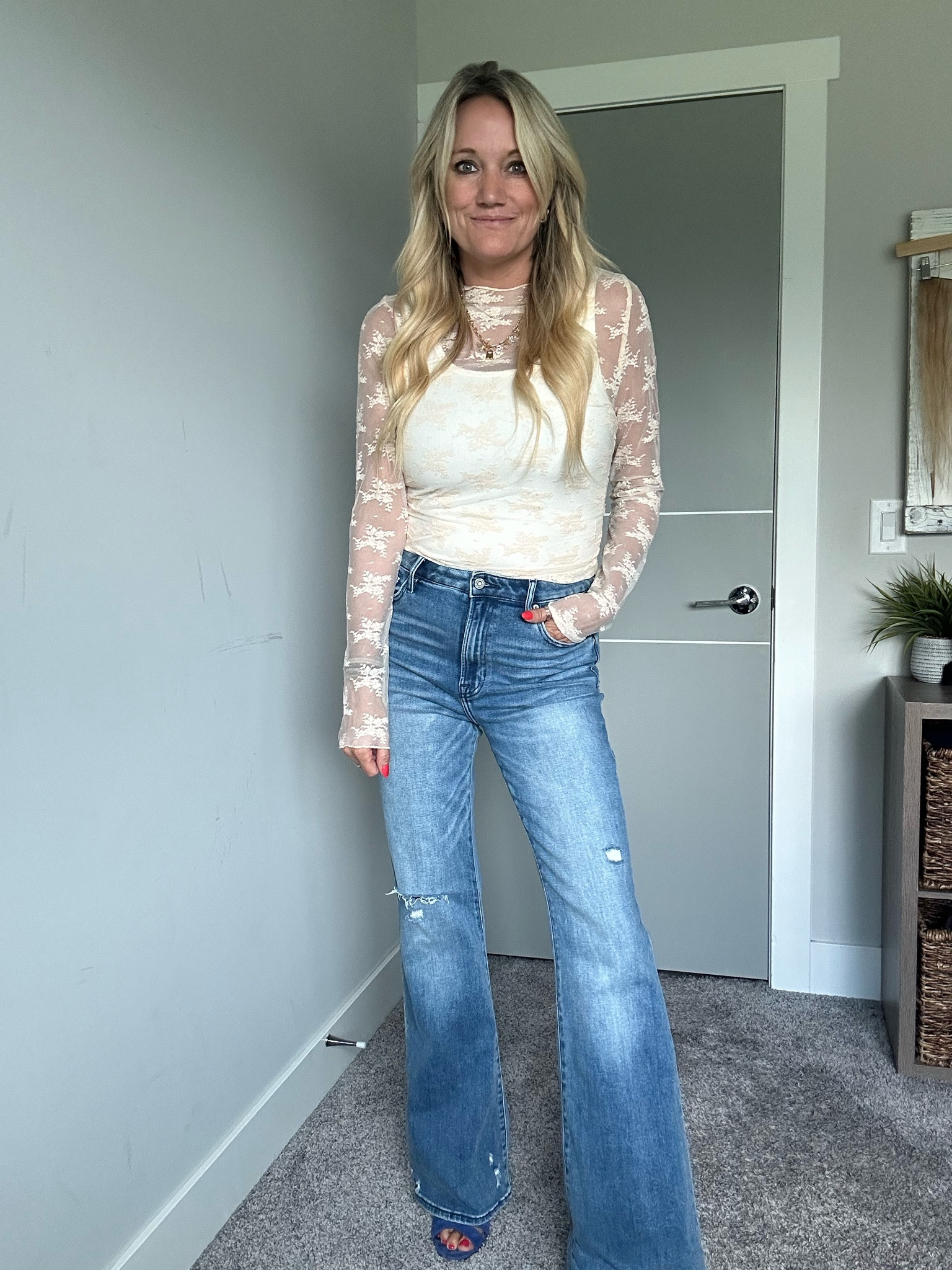 Here for the mesh shirt trend ✨ 
Mesh top size L (usually wear size M in tops but I size up in more fitted tops + bodysuits)
Bodysuit size L (comes in 3 pack)
Flares size 28 fit TTS (love the light distressing and fitted flare style)

#LTKOver40