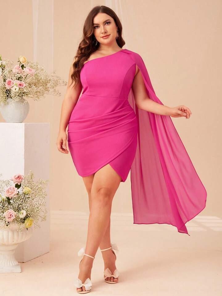 SHEIN Belle Plus One Shoulder Cloak Sleeve Wrap Hem Dress | SHEIN