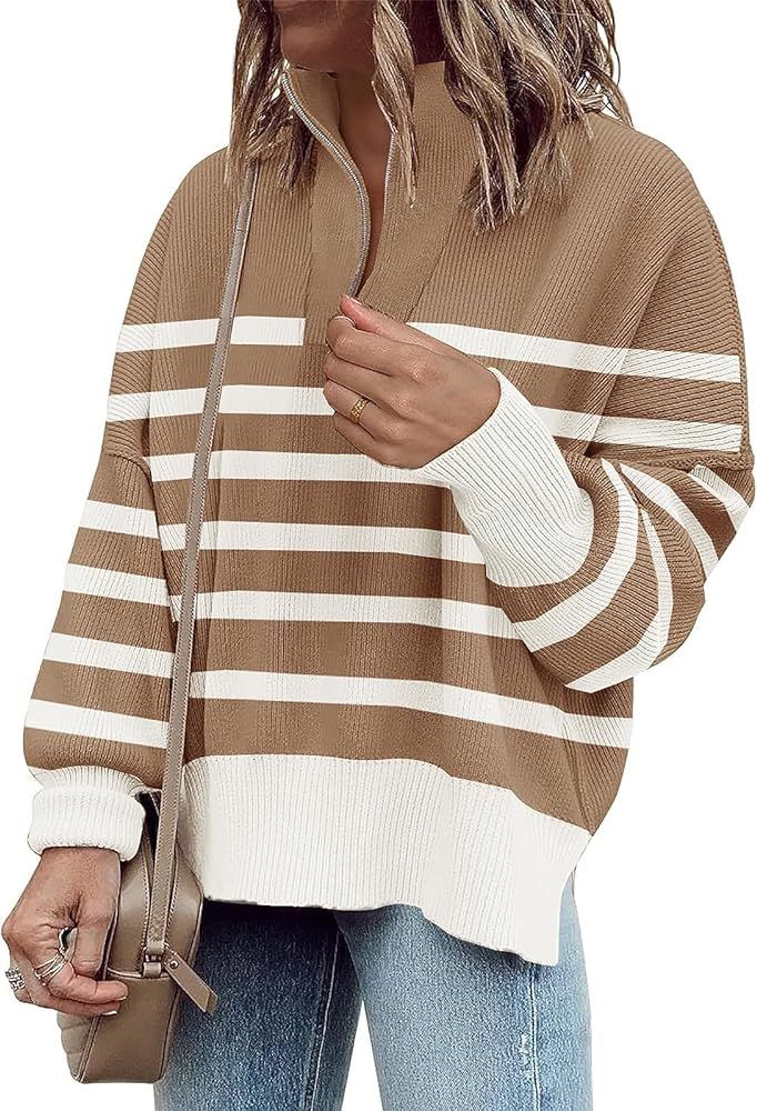 Womens Sweaters Casual Zipper Neck Knit Tops Batwing Sleeve Oversized Sweatshirt Stripes Pullover... | Amazon (US)
