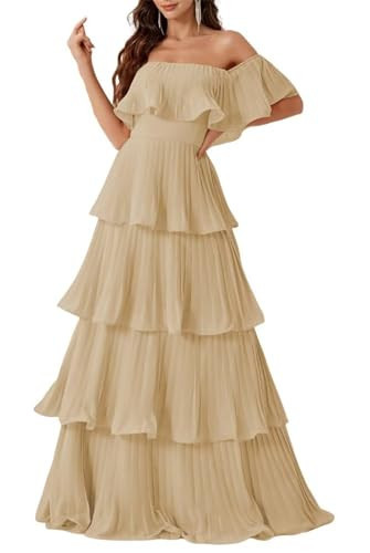 Chiffon Bridesmaid Dresses for Wedding Strapless Ruffle Formal Dress Off Shoulder Long Flowy Evening Party Gowns Champagne | Amazon (US)