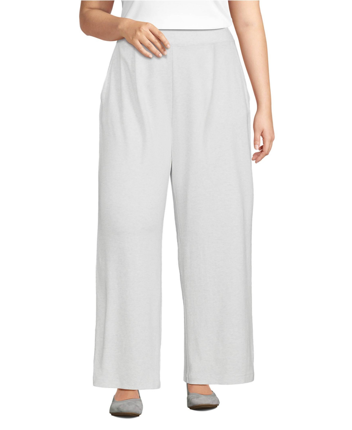 Lands' End Women's Sport Knit High Rise Pleated Wide Leg Pants - Soft light gray heather | Macy's