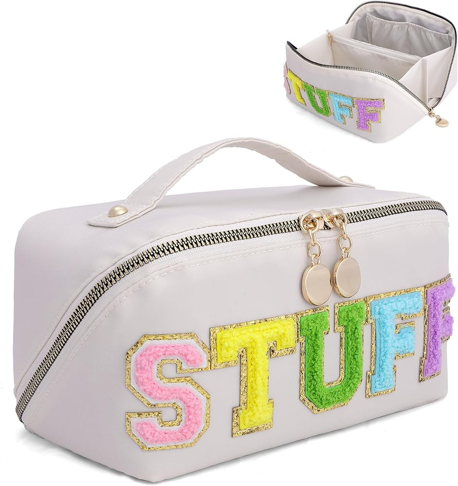 LONEDREAM Stoney Clover Preppy Makeup Bag, Large Capacity Travel Cosmetic Bag, Chenille Letter Op... | Amazon (US)