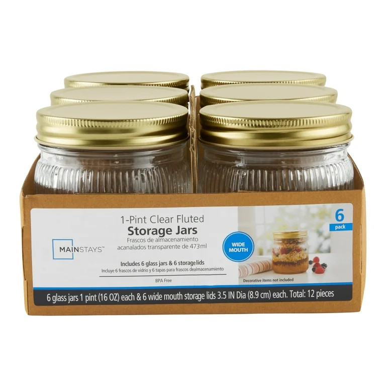 Mainstays 16 oz Airtight Clear Fluted Glass Wide Mouth Storage Jars (6 Count) | Walmart (US)