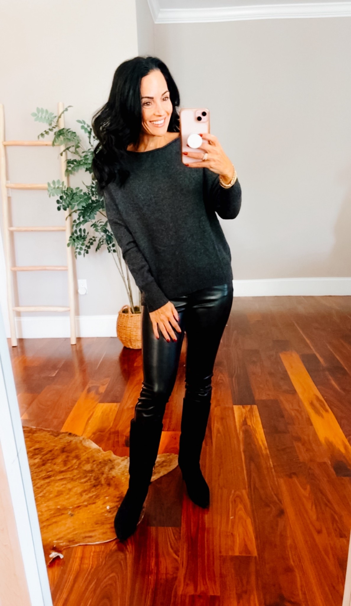 Cashmere sweater  and faux leather pants with boots 
Code laura15 on boots 

#LTKFindsUnder50 #LTKootd #LTKSaleAlert